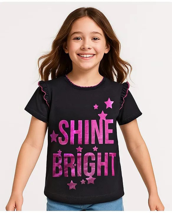 Pine Kids Cotton Knit Half Sleeves Top with Text Foil Print - Black